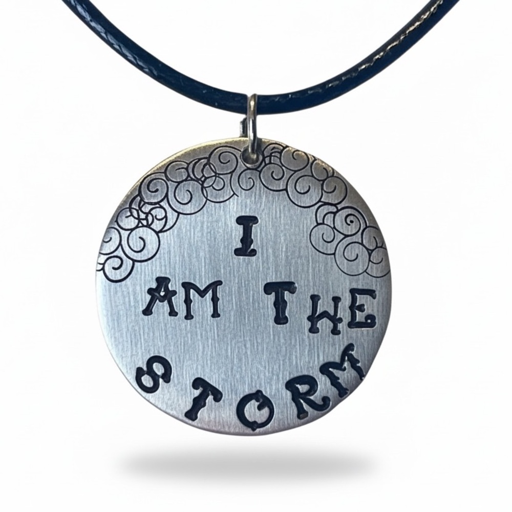 Handmade stamped silver I am the‎ storm adjustable  charm black cord necklace